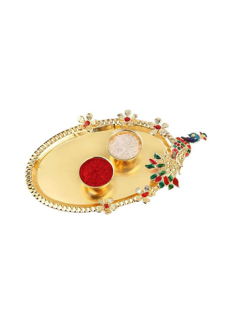 Set Of 2 Bhaiya Bhabhi Rakhi Crystal Studded And Beaded Rakhi With Pooja Thali - Indya