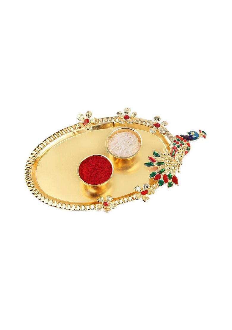 Unisex Set Of 2 Crystal Rakhi With Roli Chawal 1 Greeting Card And Pooja Thali