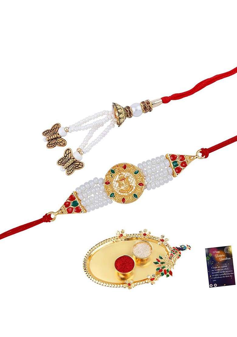 Unisex Set Of 2 Stone Studded And Beaded Thread Rakhis - Indya