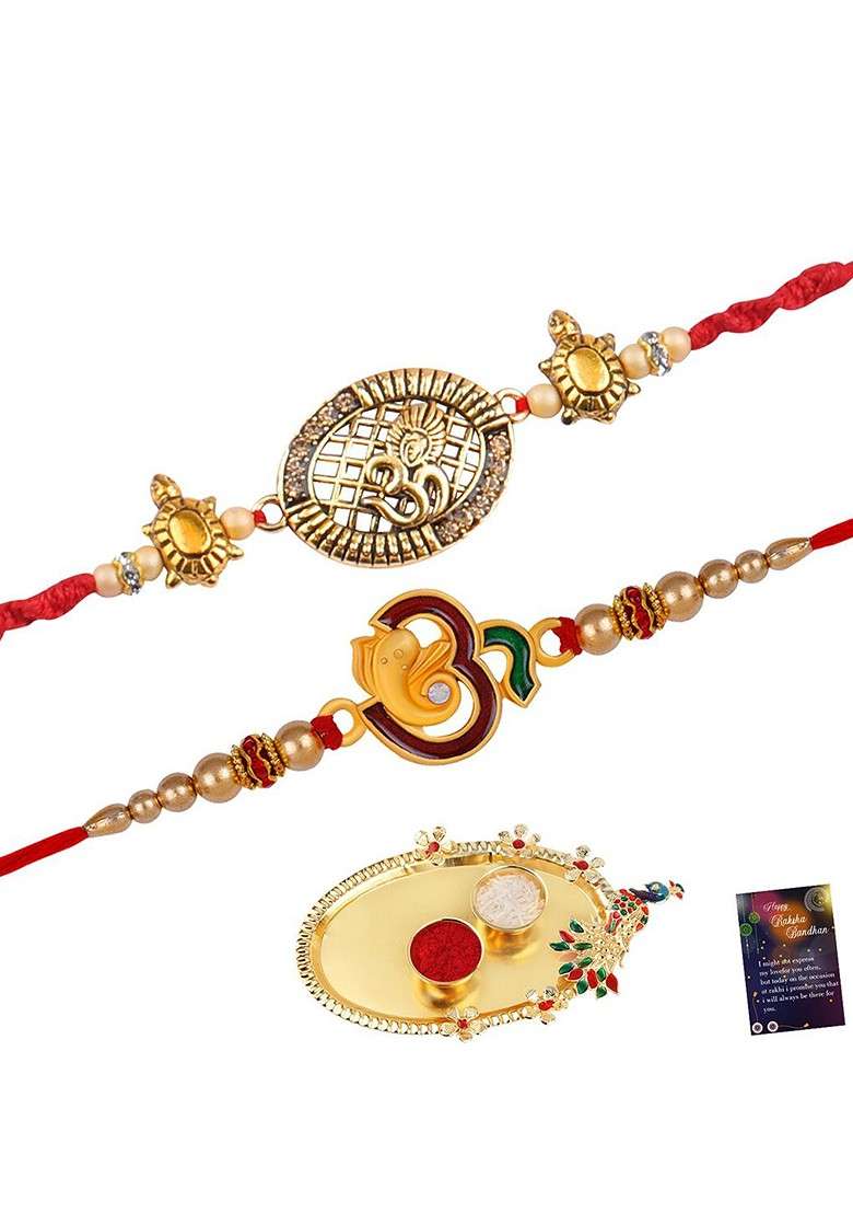 Unisex Set Of 2 Rakhi With Roli Chawal 1 Greeting Card And Pooja Thali - Indya