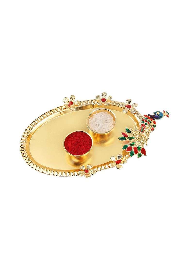 Unisex Set Of 2 Rakhi With Roli Chawal 1 Greeting Card And Pooja Thali - Indya
