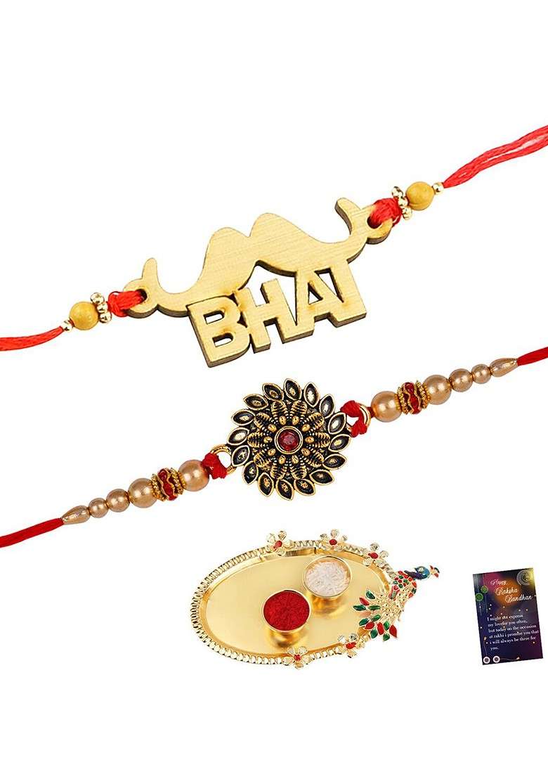 Unisex Set Of 2 Rakhi With Roli Chawal 1 Greeting Card And Pooja Thali - Indya