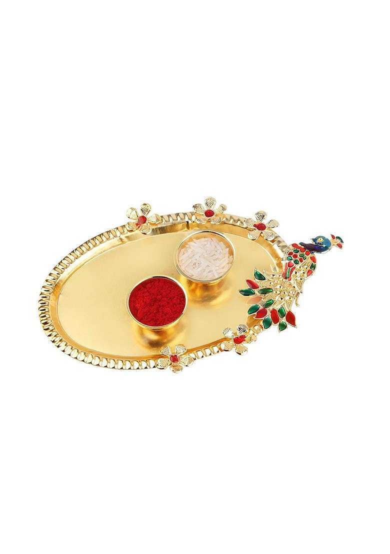 Unisex Set Of 2 Rakhi With Roli Chawal 1 Greeting Card And Pooja Thali - Indya