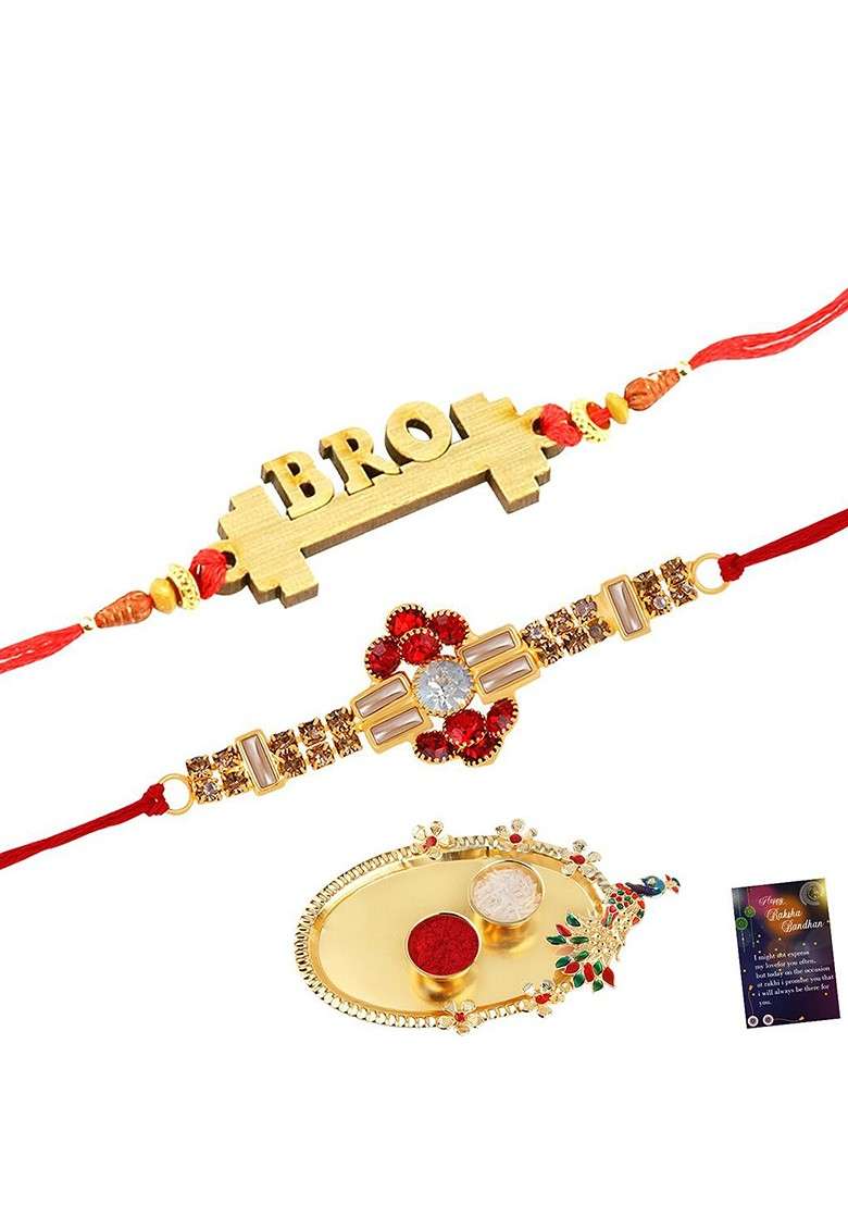 Set Of 2 Stone Studded Thread Rakhis - Indya