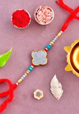 Embellished Charm Thread Rakhi With Roli Chawal And Greeting Card