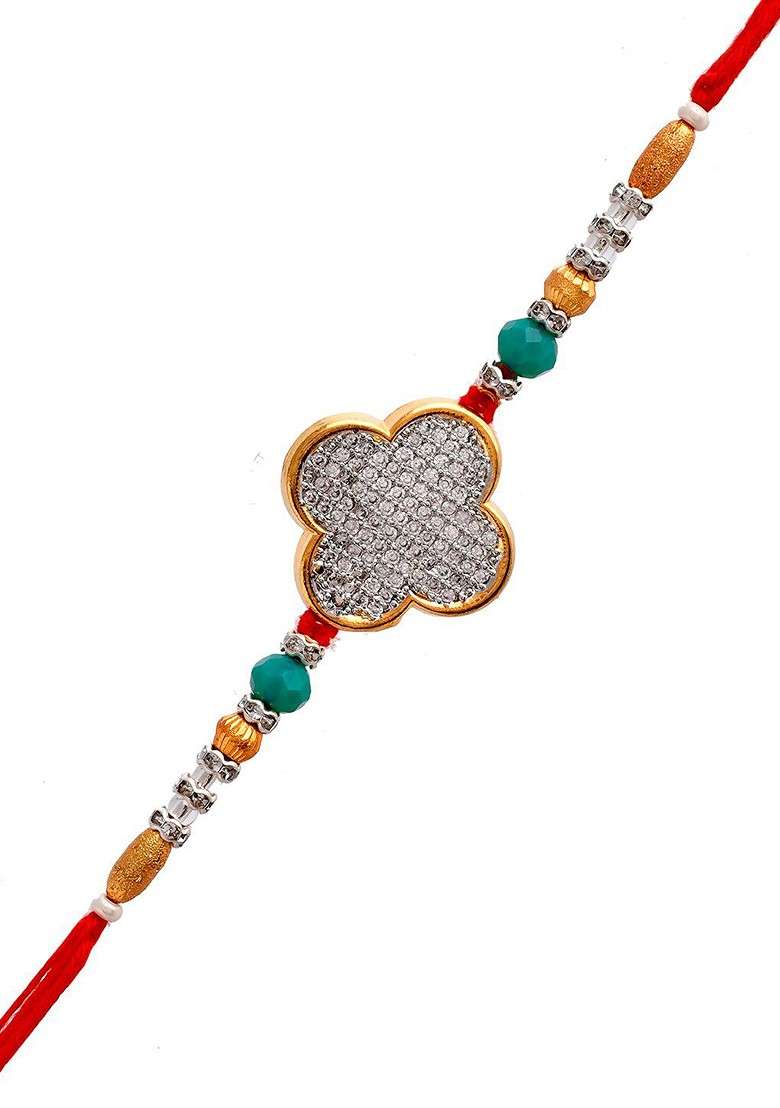 Embellished Charm Thread Rakhi With Roli Chawal And Greeting Card - Indya