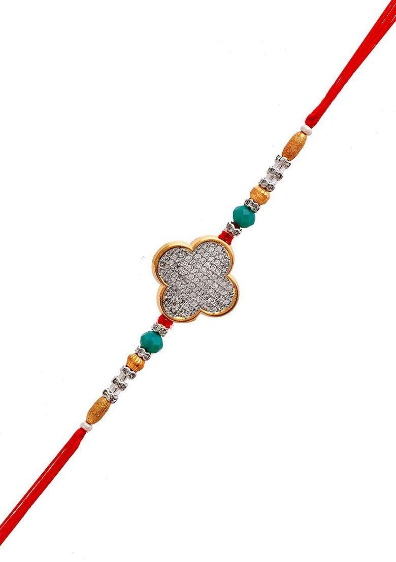 Embellished Charm Thread Rakhi With Roli Chawal And Greeting Card - Indya