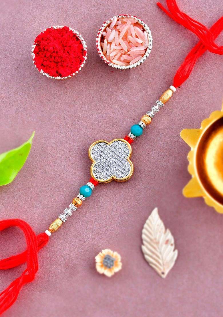 Embellished Charm Thread Rakhi With Roli Chawal And Greeting Card - Indya