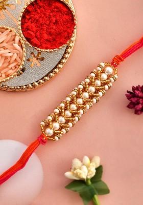 Beaded Thread Rakhi With Roli Chawal And Greeting Card