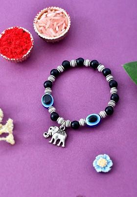 Men Elephant Beaded Bracelet Rakhi With Roli Chawal And Greeting Card