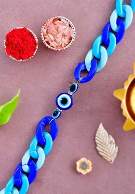 Men Evil Eye Charm Bracelet Rakhi With Roli Chawal And Greeting Card
