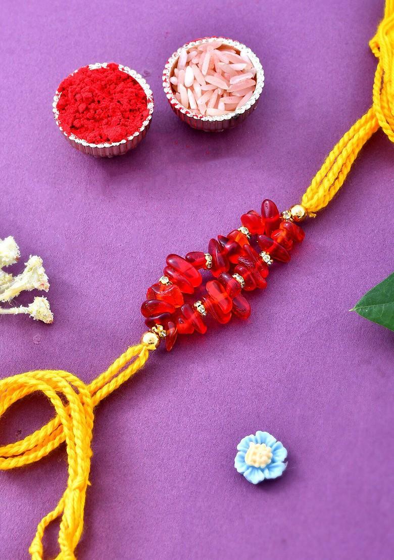Men Stone Studded And Beaded Rakhi With Roli Rice And Greeting Card