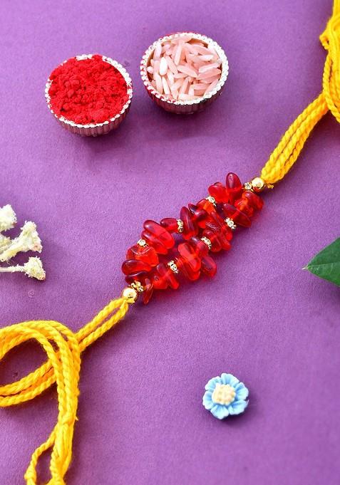 Men Stone Studded And Beaded Rakhi With Roli Rice And Greeting Card