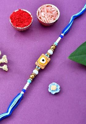 Men Enameled Beaded Evil Eye Rakhi With Roli Chawal And Greeting Card