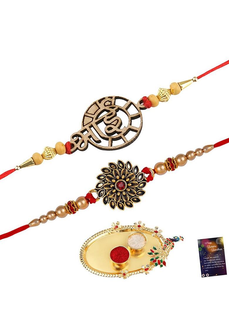 Unisex Set Of 2 Rakhis With Roli Chawal 1 Greeting Card And Pooja Thali