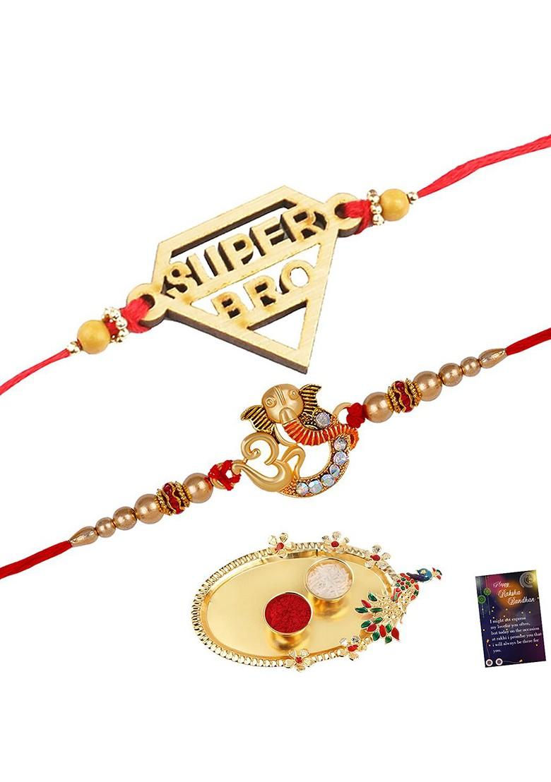 Unisex Set Of 2 Rakhis With Roli Chawal 1 Greeting Card And Pooja Thali