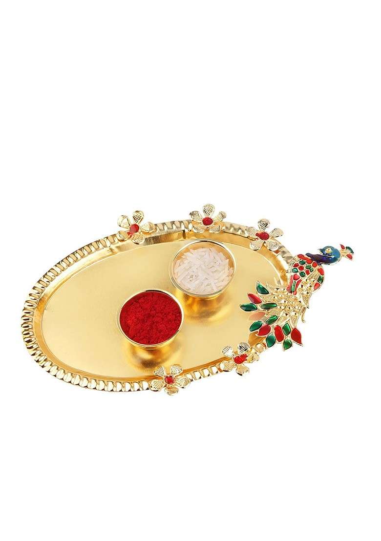 Unisex Set Of 2 Charm Rakhis And Roli Chawal 1 Greeting Card And Pooja Thali - Indya