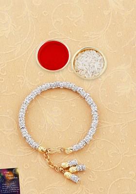 Unisex Set Of 2 Charm Rakhis And Roli Chawal 1 Greeting Card And Pooja Thali