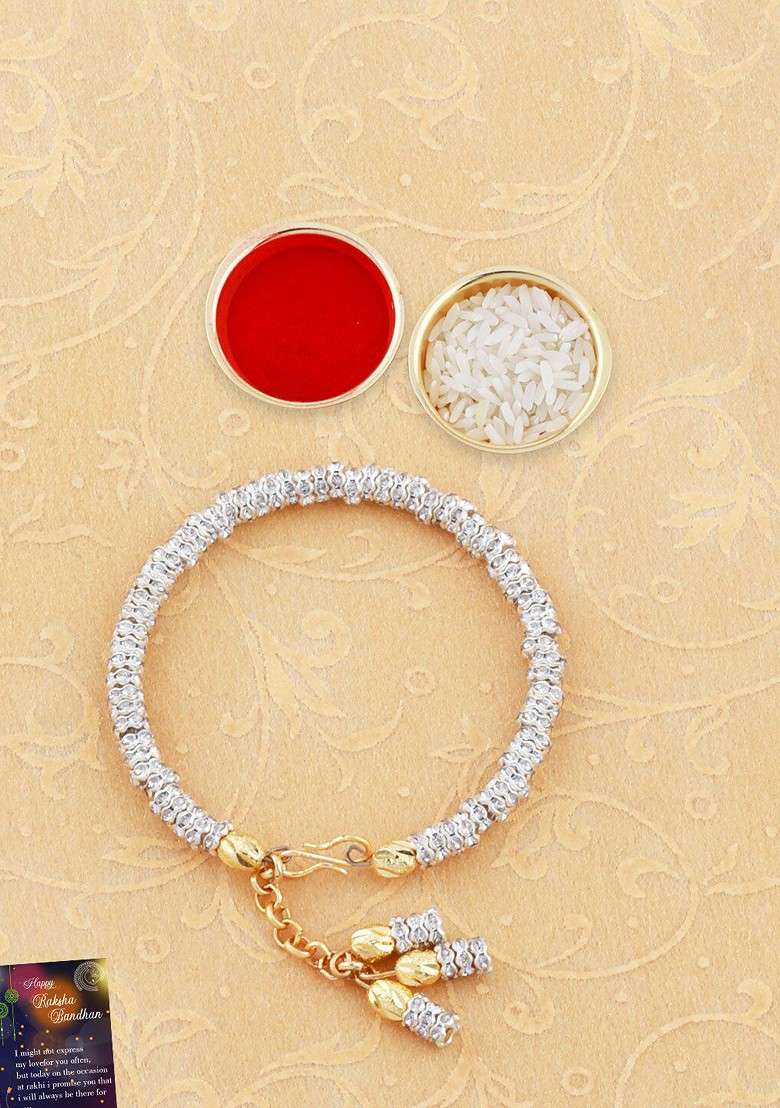 Unisex Set Of 2 Charm Rakhis And Roli Chawal 1 Greeting Card And Pooja Thali - Indya