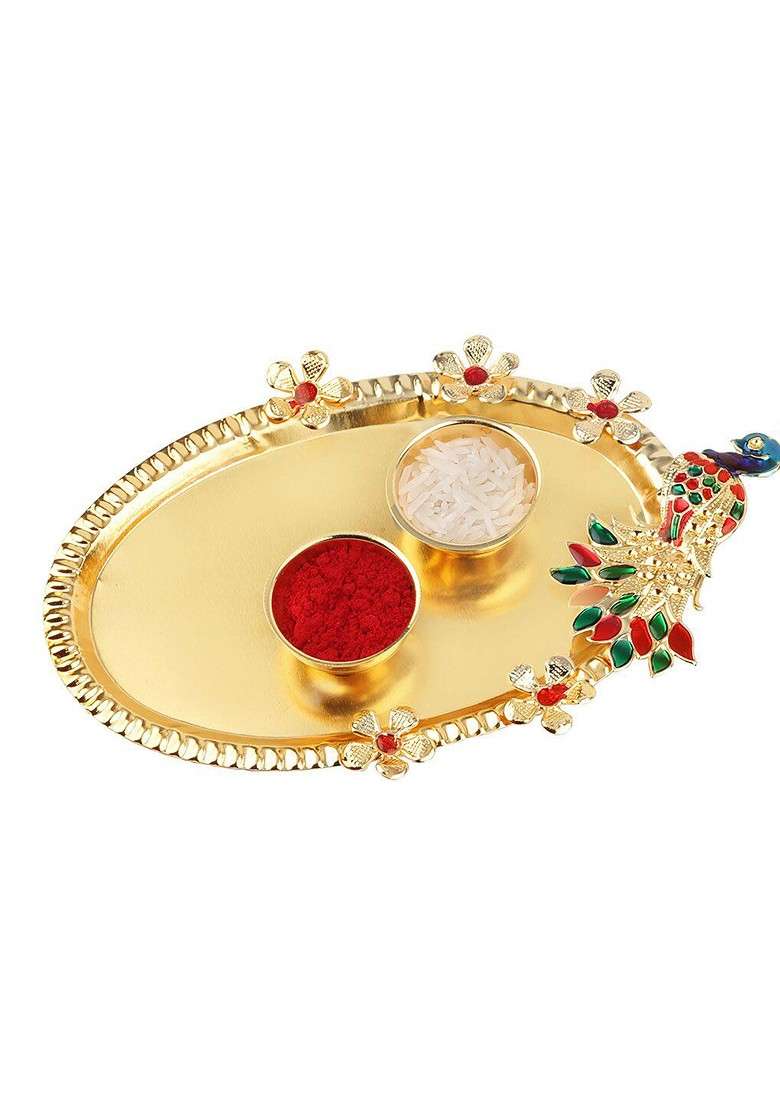 Unisex Set Of 2 Charm Rakhis And Roli Chawal 1 Greeting Card And Pooja Thali - Indya