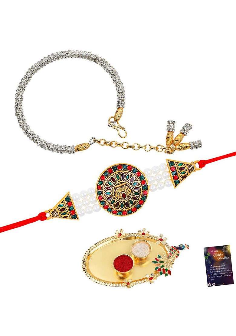 Unisex Set Of 2 Charm Rakhis And Roli Chawal 1 Greeting Card And Pooja Thali - Indya