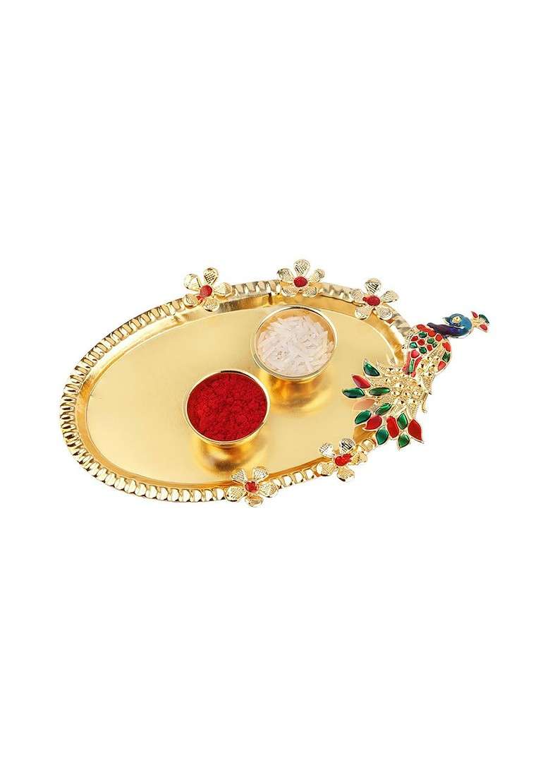Unisex Set Of 2 Charm Rakhis With Roli Chawal 1 Greeting Card And Pooja Thali - Indya
