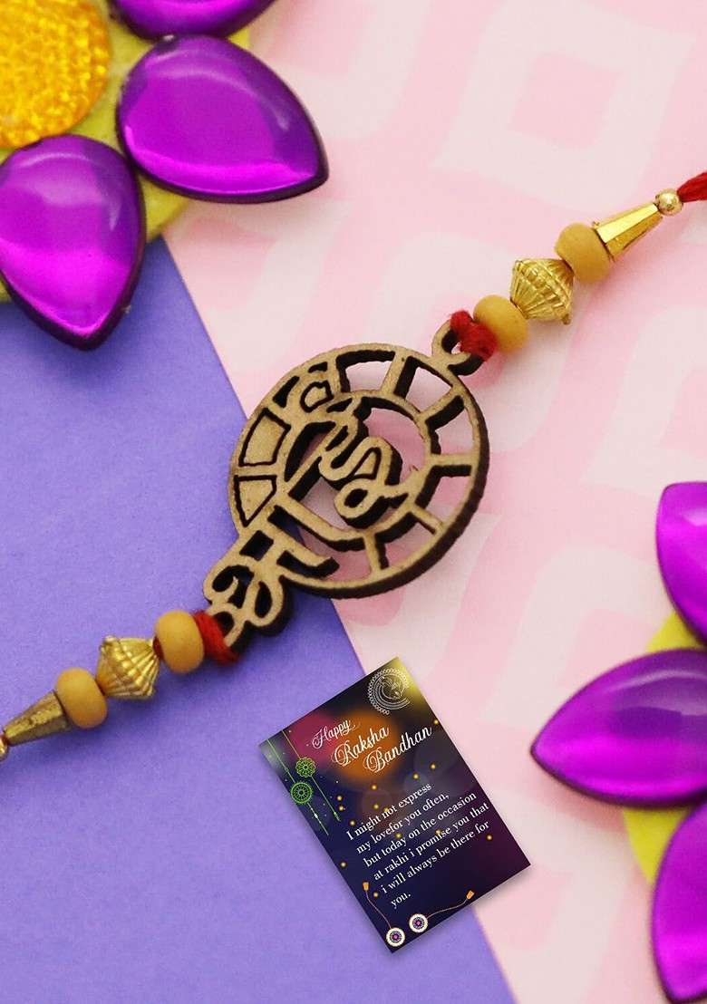 Set Of 2 Charm Detail Rakhis With Roli Chawal 1 Greeting Card And Pooja Thali - Indya