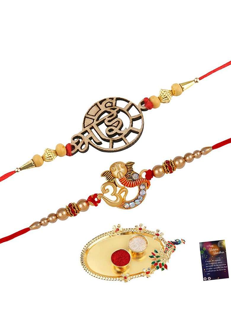 Set Of 2 Charm Detail Rakhis With Roli Chawal 1 Greeting Card And Pooja Thali - Indya
