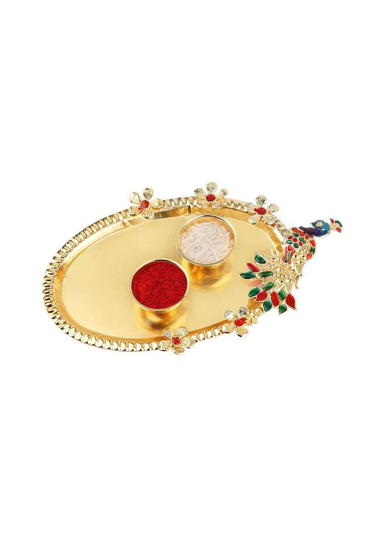 Set Of 2 Charm Detail Rakhis With Roli Chawal 1 Greeting Card And Pooja Thali - Indya