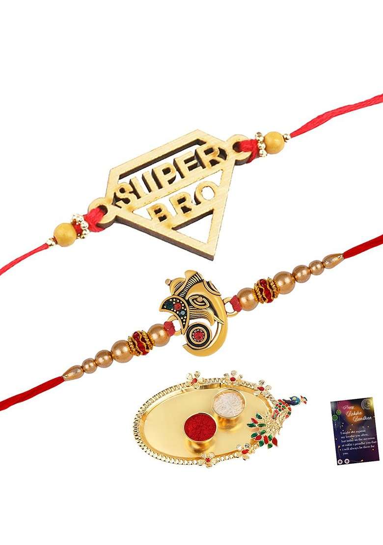 Set Of 2 Charm Detail Rakhis With Roli Chawal 1 Greeting Card And Pooja Thali - Indya