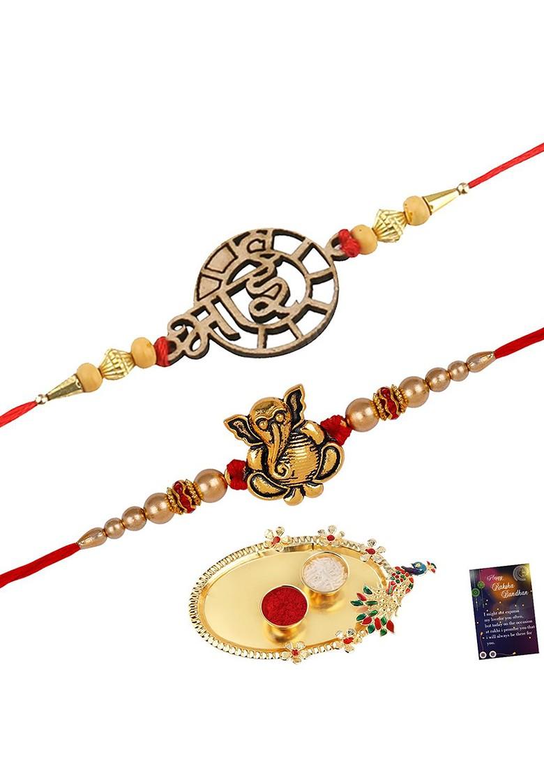 Unisex Set Of 2 Charm Rakhis And Roli Chawal 1 Greeting Card And Pooja Thali