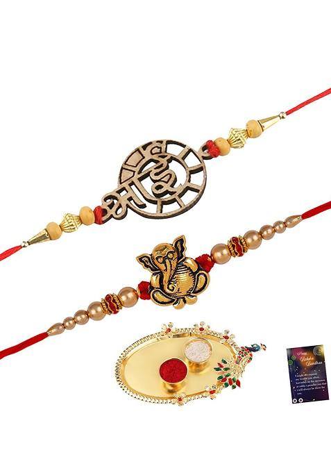 Unisex Set Of 2 Charm Rakhis And Roli Chawal 1 Greeting Card And Pooja Thali