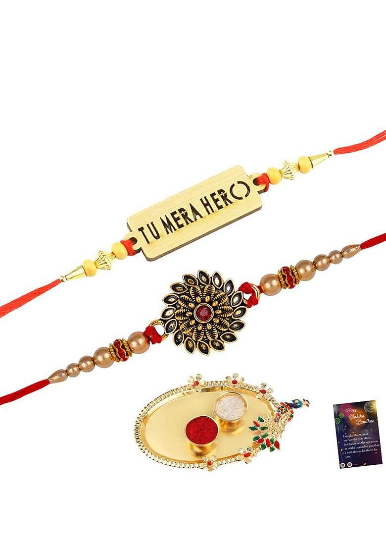 Unisex Set Of 2 Charm Rakhis With Roli Chawal 1 Greeting Card And Pooja Thali - Indya
