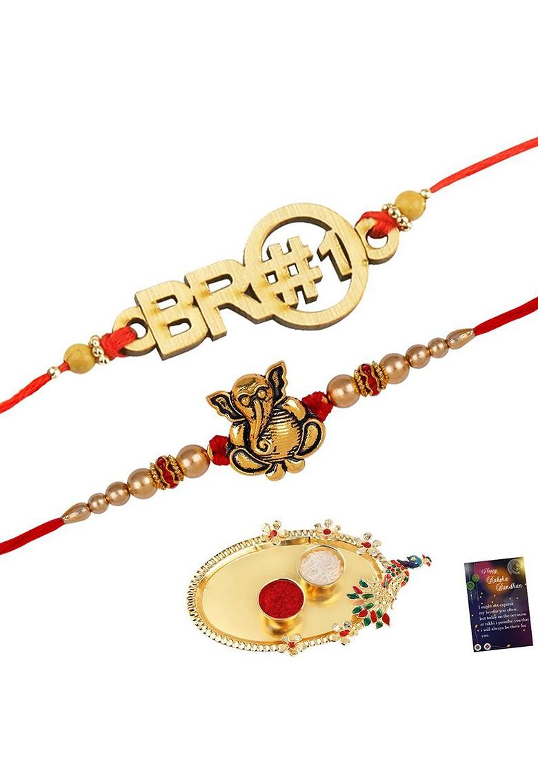 Unisex Set Of 2 Beaded Rakhi And Roli Chawal 1 Greeting Card And Pooja Thali