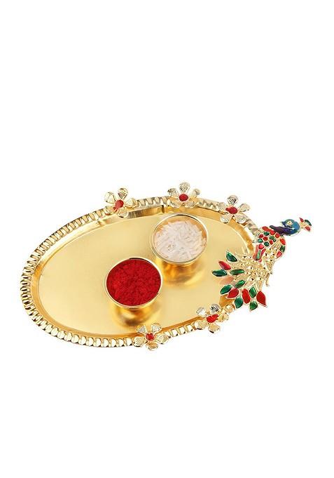 Unisex Set Of 2 Beaded Rakhi And Roli Chawal 1 Greeting Card And Pooja Thali