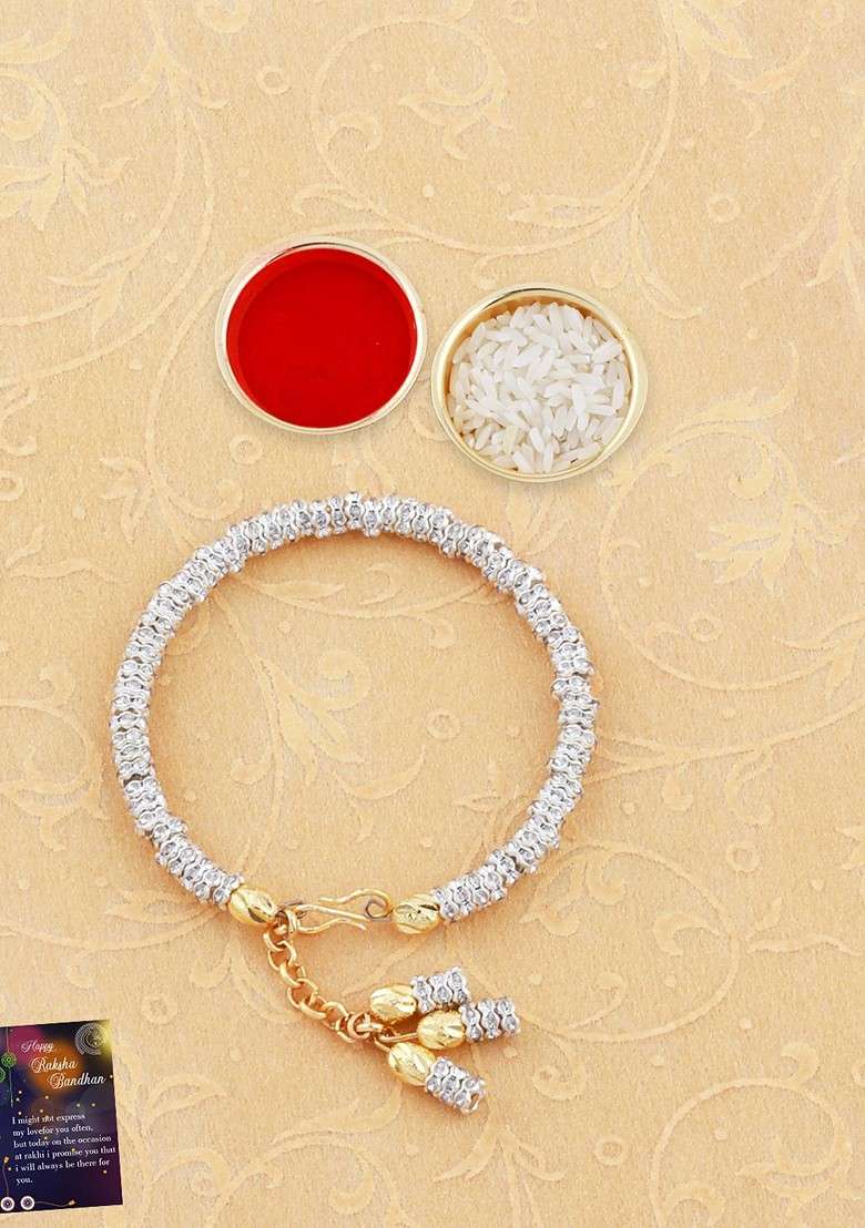 Set Of 2 Charm Bracelet Rakhis With Roli Chawal 1 Greeting Card And Pooja Thali - Indya