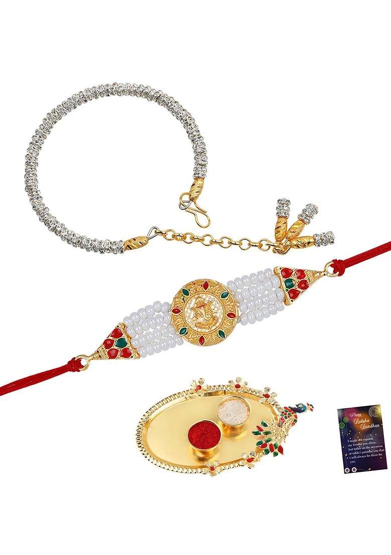 Set Of 2 Charm Bracelet Rakhis With Roli Chawal 1 Greeting Card And Pooja Thali - Indya
