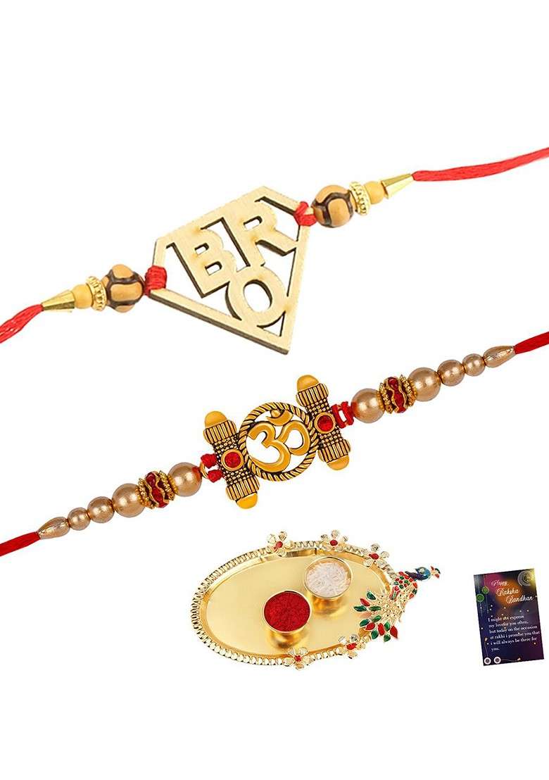 Set Of 2 Charm Detail Rakhis With Roli Chawal 1 Greeting Card And Pooja Thali - Indya