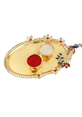 Unisex Set Of 2 Charm Rakhis With Roli Chawal 1 Greeting Card And Pooja Thali