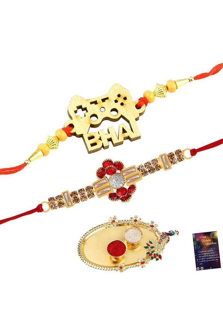 Unisex Set Of 2 Rakhis With Roli Chawal 1 Greeting Card And Pooja Thali