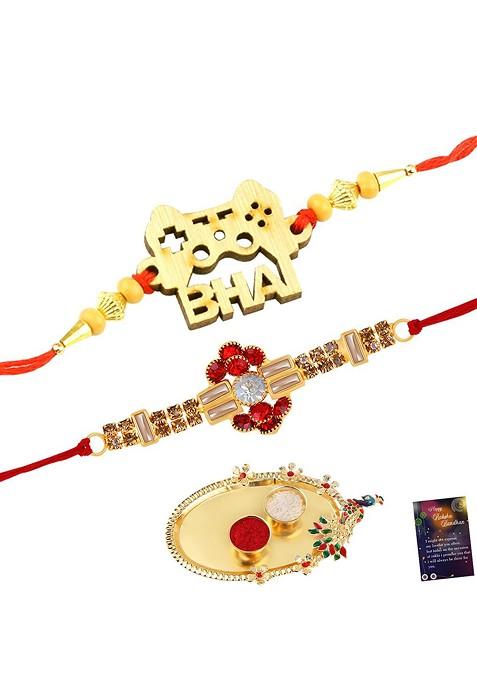 Unisex Set Of 2 Rakhis With Roli Chawal 1 Greeting Card And Pooja Thali