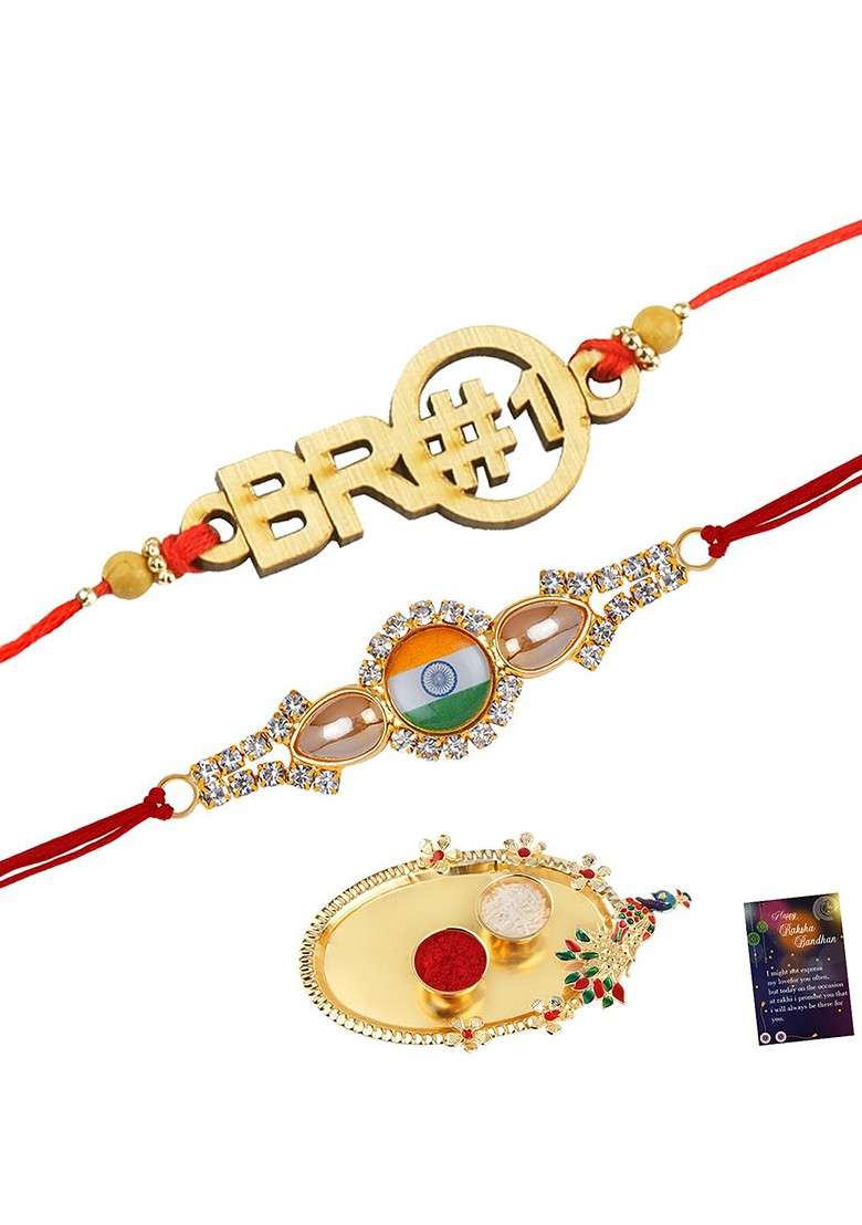 Set Of 2 Charm Detail Rakhis With Roli Chawal 1 Greeting Card And Pooja Thali - Indya