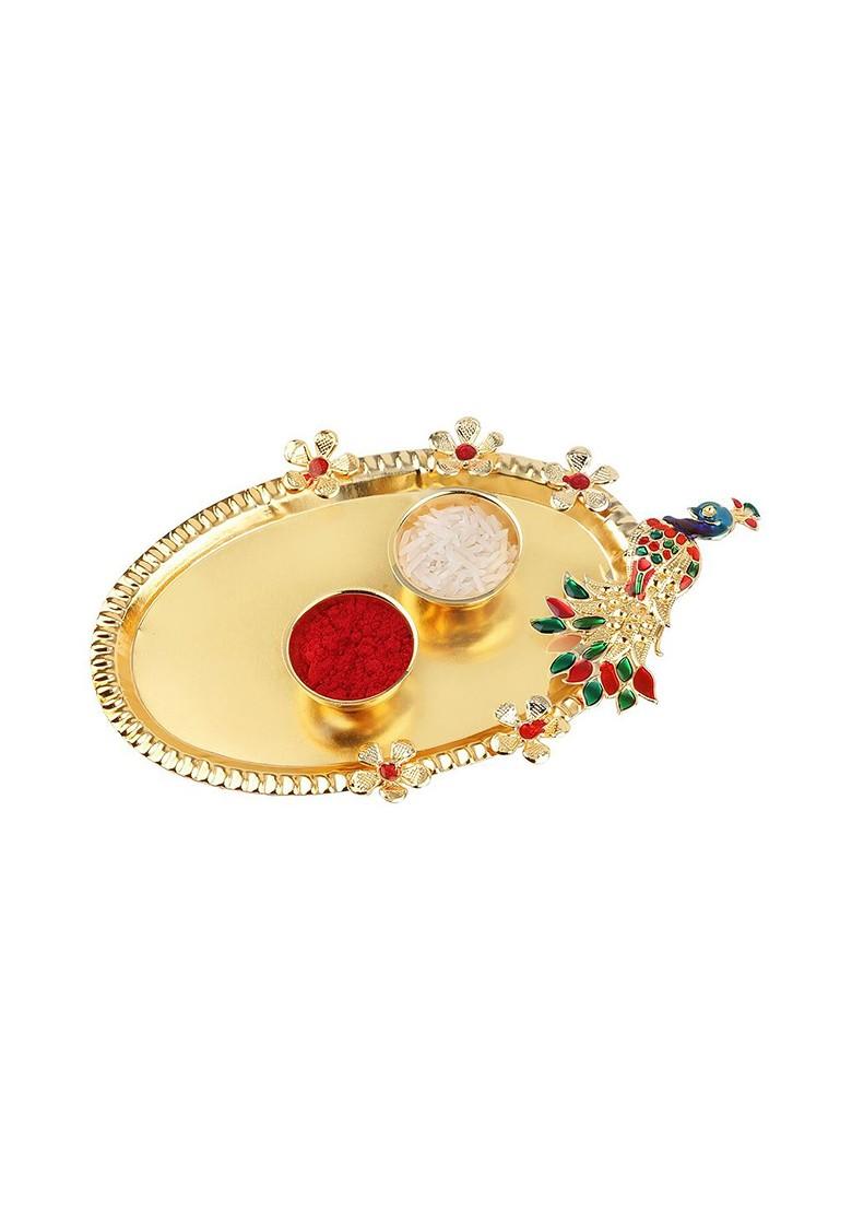 Unisex Set Of 2 Charm Rakhis And Roli Chawal 1 Greeting Card And Pooja Thali
