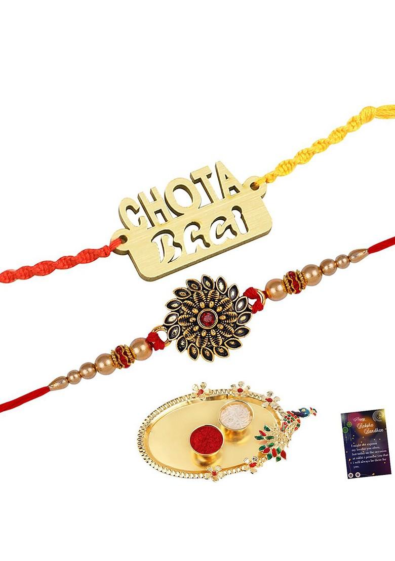 Unisex Set Of 2 Charm Rakhis And Roli Chawal 1 Greeting Card And Pooja Thali