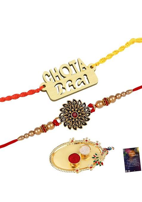 Unisex Set Of 2 Charm Rakhis And Roli Chawal 1 Greeting Card And Pooja Thali