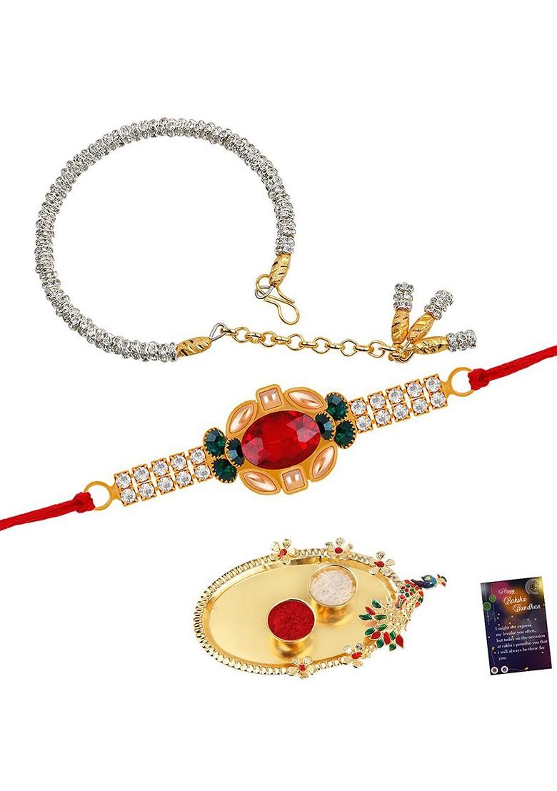 Set Of 2 Rakhi And Lumba With Roli Rice Greeting Card And Pooja Thali