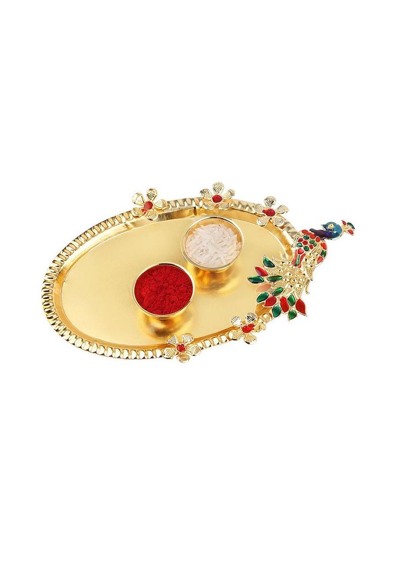 Set Of 2 Rakhi And Lumba With Roli Rice Greeting Card And Pooja Thali