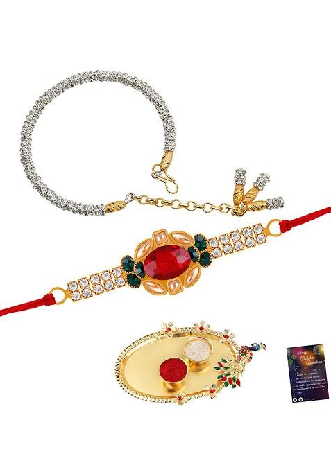 Set Of 2 Rakhi And Lumba With Roli Rice Greeting Card And Pooja Thali