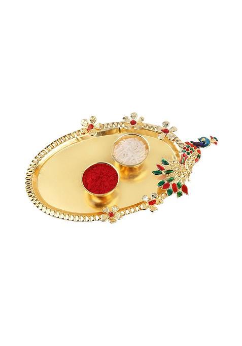 Set Of 2 Rakhi And Lumba With Roli Rice Greeting Card And Pooja Thali