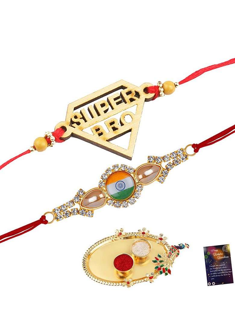 Set Of 2 Charm Detail Rakhis With Roli Chawal 1 Greeting Card And Pooja Thali - Indya